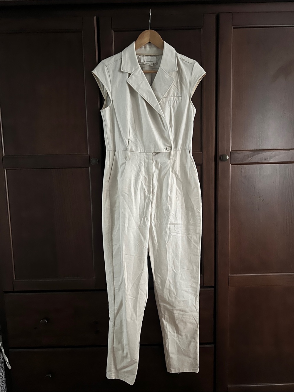 Anthropologie Asymmetrical Tailored Corpcore Utility Jumpsuit Cream Tan Sz 2